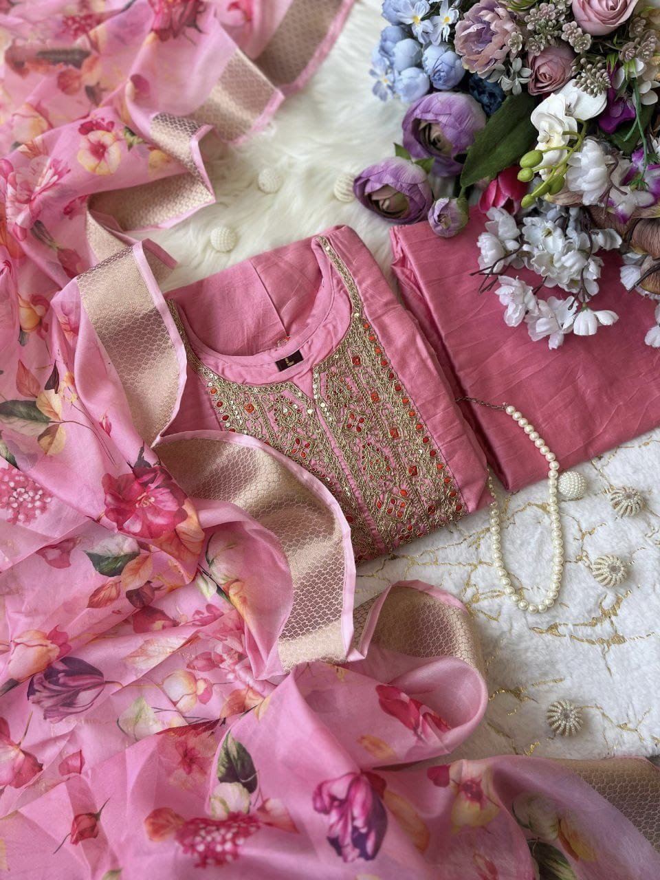 Banana Silk Anarkali Kurti Pant Dupatta Set